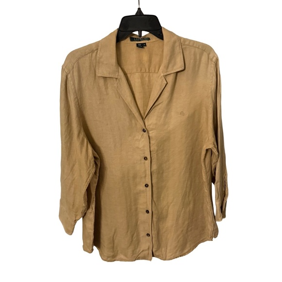 Lauren Ralph Lauren Women’s Button Up Shirt 3/4 Sleeve LINEN Khaki Sz XL - Picture 1 of 12